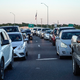 Cars line up at the US-Mexico border at the Del Rio International Bridge on September 17.